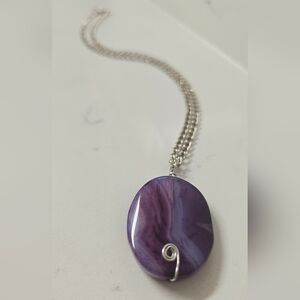 Purple Agate Pendant Silver Tone Necklace